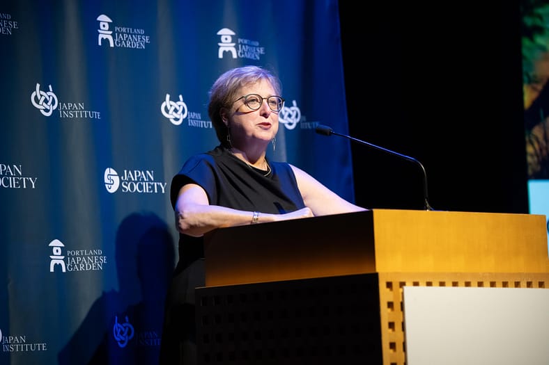 Caryl Stern speaks at Japan Institute's New York Peace Symposium.